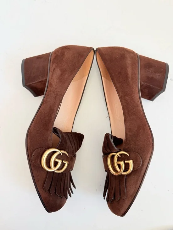 Gucci Dark Chocolate Brown Marmont GG fringe 55mm block heel Loafer pumps EU38.5 - Picture 4 of 11